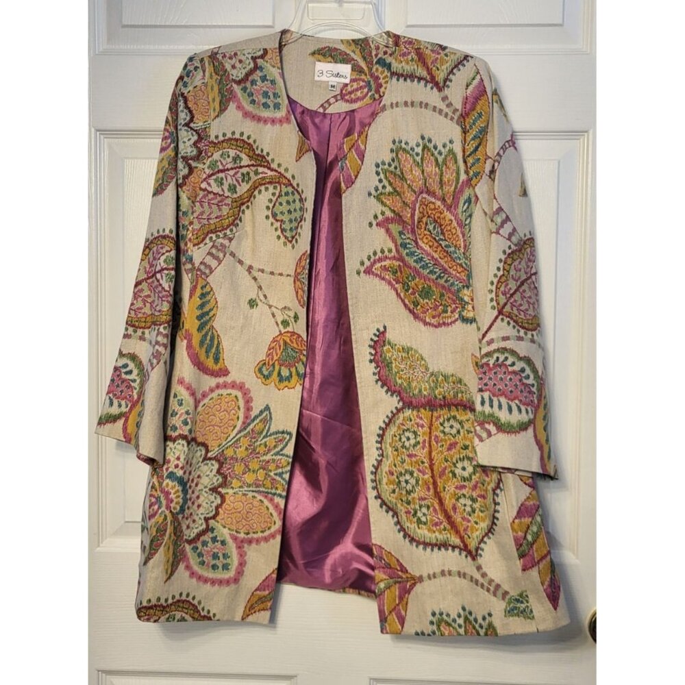 3 Sisters Lined Large Paisley Print Round Collar Open Linen Tunic Coat Size M